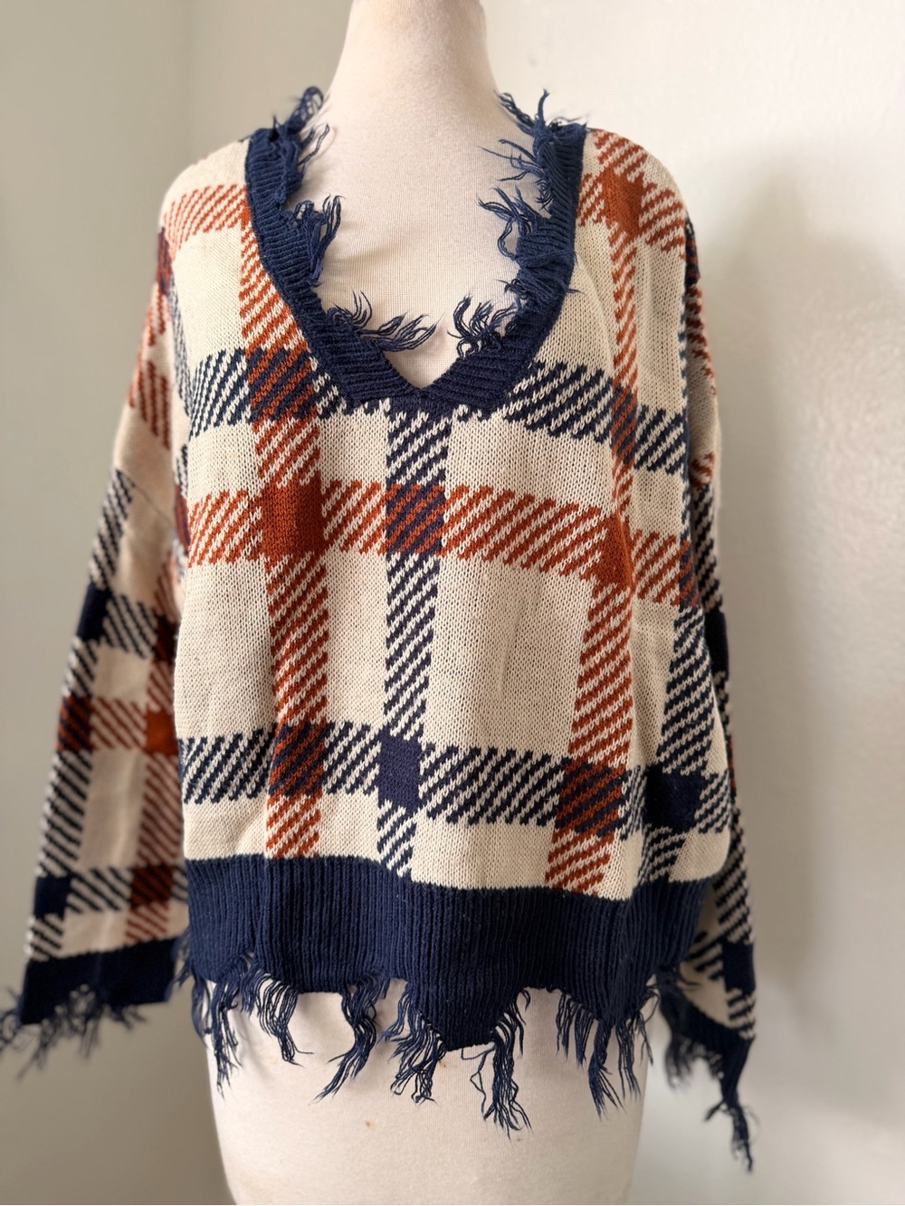 Distressed Plaid Crewneck Sweater in Cream, Navy & Rust